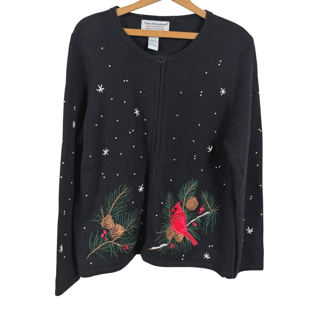 Vintage Tiara International Women Christmas Cardigan Sweater XL Cardinals Birds